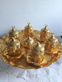 Turkish 8 Pieces Tea Coffee Cup Set With Sugar Bowl Color Gold Ottoman Style Try