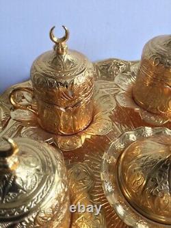Turkish 8 Pieces Tea Coffee Cup Set With Sugar Bowl Color Gold Ottoman Style Try