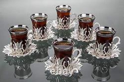 Turkish Arabic Tea Glasses Set of 6 With Saucers and Holders Fancy Silver