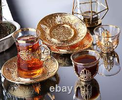 Turkish Arabic Tea Glasses Set of 6 with Gold Color Holders, Mirrars and Saucers