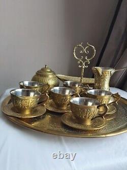 Turkish Bronze Coffee Set With 16 Pieces. Hand engraving