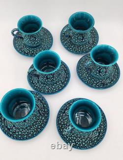 Turkish Ceramic Traditional Turquoise Tea Cup Set of 6 with saucers Iznik Tulip