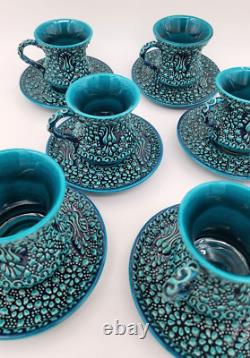 Turkish Ceramic Traditional Turquoise Tea Cup Set of 6 with saucers Iznik Tulip