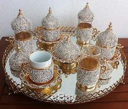 Turkish-Coffee-Espresso-Water-Tea-Cup-Saucer Swarovski Set-GOLD-Jardinier Mirror