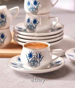 Turkish Porcelain Espresso Arabic Greek Coffee and Tea Cup with Saucers Set of 6