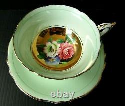 VINTAGE PARAGON Rose Floral on Gold Center Mint Green Teacup and Saucer Set RARE