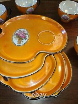 Vintage 1920s Czechoslovakia Lusterware 5 set Orange Luster Tea Cup snack trays