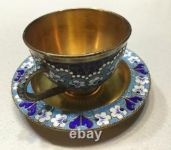 Vintage 1960 Russian Sterling Silver 916 Enamel Cup Plate Gold Wash Tea Set