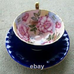 Vintage Aynsley Cobalt Blue Cabbage Rose Teacup and Saucer Set Gold Rimmed