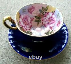 Vintage Aynsley Cobalt Blue Cabbage Rose Teacup and Saucer Set Gold Rimmed