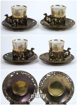 Vintage Demitasse Tea Cup Set of 6 Angel Filigree Metal Holder Figural Handle