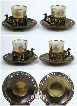 Vintage Demitasse Tea Cup Set of 6 Courting Scene Angel Filigree Metal Holder