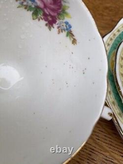 Vintage Foley China WINDSOR Green Tea Set 4 Cups Saucers & Cake Plate