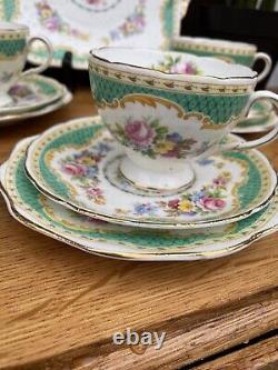 Vintage Foley China WINDSOR Green Tea Set 4 Cups Saucers & Cake Plate