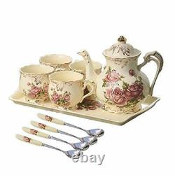 Vintage Ivory Porcelain 4-Person Tea Set with 8oz Teacup, Teapot, Spoons & Tray