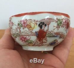 Vintage Japanese Clobber Painted Geisha Girl Porcelain 4 Tea Cups Saucer Set