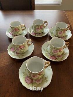 Vintage LEFTON Green Heritage Rose Set of 6 Tea/Coffee Cup & Saucer's #3067