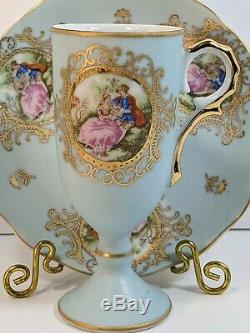 Vintage Lefton Teacup & Saucer Set Blue Gold Trim Footed Small Slender #1356