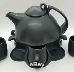 Vintage Modernist Saenger Pottery Black 9 Piece Coffee/Tea Pot & Cup Set