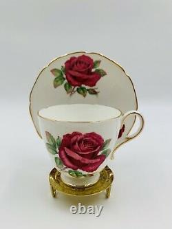 Vintage PARAGON Footed Teacup&Saucer White with RED CABBAGE ROSES Gold Trim Rare