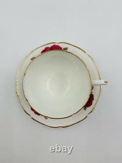 Vintage PARAGON Footed Teacup&Saucer White with RED CABBAGE ROSES Gold Trim Rare