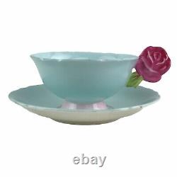 Vintage Paragon England Figural Rose Handle Teacup & Saucer Set Aqua Pink Rare