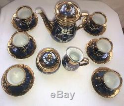 Vintage Porcelain Set 17pc Tea Coffee 24Ct Gold Handmade Engraved Czech Slovak