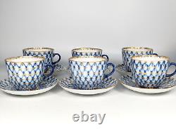 Vintage Russia Lomonosov Cobalt Blue & Gold Net Tea Cup & Saucer Set x6