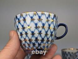 Vintage Russia Lomonosov Cobalt Blue & Gold Net Tea Cup & Saucer Set x6