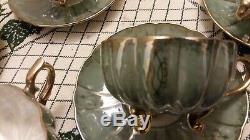Vintage Seafoam Green And Gold Lusterware Tea Cup And Saucer Set of 6