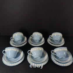 Vintage Set 6 Wedgwood Embossed Queensware Blue Tea Cup &Saucer & Butter plate