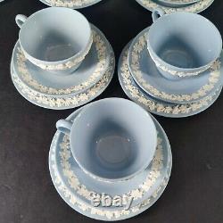 Vintage Set 6 Wedgwood Embossed Queensware Blue Tea Cup &Saucer & Butter plate