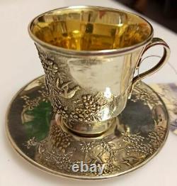 Vintage Set Tea Coffee Cup Saucer Soviet USSR Gilt Sterling Silver 875 Signed