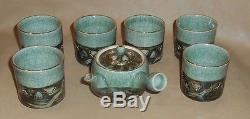 Vintage Somayaki Japanese Tea Pot Sake Set Double Wall Gold Trim Porcelain 6 Cup