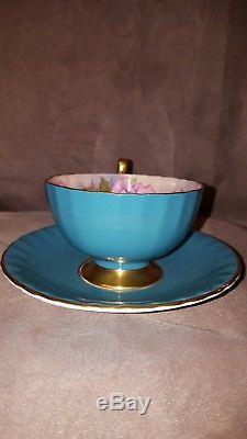 Vtg Aynsley Cabbage Roses Turquoise Gold Trim Footed TeaCup & Saucer Set Nice