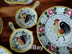 Vtg UCAGCO PY Colorful Rooster & Roses 30 pc set serving platter, bowl tea cups