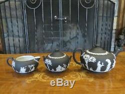Wedgwood Black Jasper Ware Tea Set Pot Bowl Creamer Cup Service for 4 (c. 1920s)